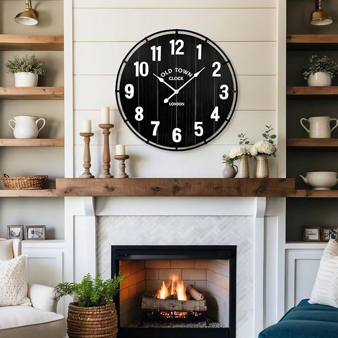 Farmhouse Black 24 Inch Wooden Large Wall Clock, Silent Non-Ticking Quartz Movement, Battery Operated Modern Rustic Clock for Living Room, Kitchen, Office, Home Decor