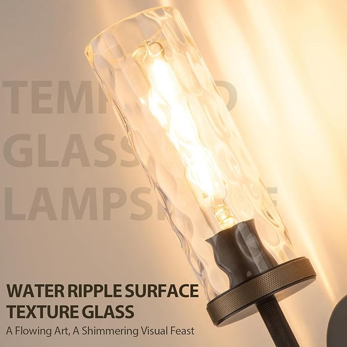 15" Knurled Brass Wall Sconce with Water Ripples Glass Tube, Black Gold Bathroom Vanity Light Fixtures, Modern Lamp Lighting for Bedroom, Living Room, Hallway, Staircase, Mirror, Kitchen