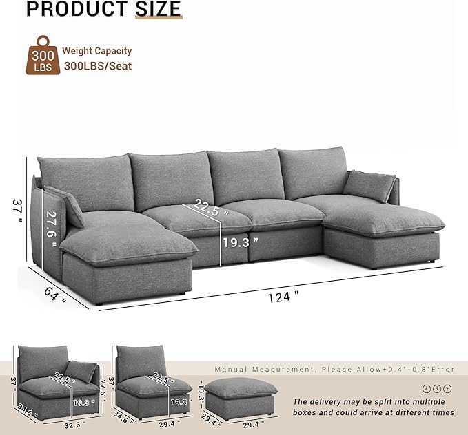 Cloud Sectional Couches for Living Room, Convertible Cloud Sofa Spill & Stain-Resistant with Removable Washable Cover & Down Feather Filled Cushions, 4 Seater Modular Sectional Sofa with Ottoman