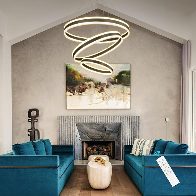 D23.6'' Modern LED Dimmable Chandeliers for Dining Room 3-Rings High Ceiling Chandelier for Living Room Adjustable Pendant Light Flush Mount Light Fixture for Foyer Entryway Bedroom 3000K-6000K