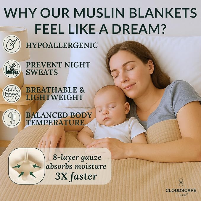 Cloud Scape Linen 100% 8 Layer Cotton Muslin Blanket King Size for Adult, Lightweight & Breathable, All Season Oversized Blanket for Bed, fits California King, 92x108, Fog