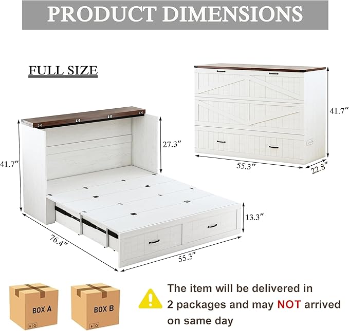 Full Size Murphy Bed Frame, Farmhouse Wood Full Beds with Charging Station, Drawer, Full Foldable Platform Bed, White