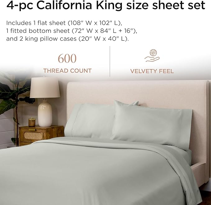 Threadmill 100% Cotton Sheets for Cal King Size Bed - 600 Thread Count Cal King Bed Sheets Set with 16” Deep Pocket - Sateen Weave 4-Piece Bedding Set with Cooling Effect, Light Grey