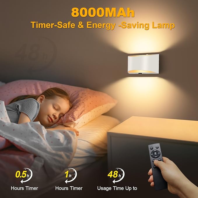 Wireless Wall Sconces Set of 2, 8000mAh White Battery Operated Wall Sconces Remote & Touch Control, 3 Color Temperatures, Timer Cordless Dimmable Light for Bedroom, Living Room, Hallway