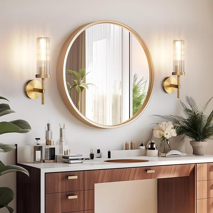 15" Knurled Brass Wall Sconces Set of 2, Gold Bathroom Vanity Light Fixtures with Vertical Striped Glass Tube, Modern Lamp Lighting for Bedroom, Living Room, Hallway, Staircase, Mirror, Kitchen