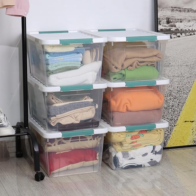 35 Quart Stackable Plastic Storage Latches Box, Clear Large Storage Bin with Lid, 6 Packs