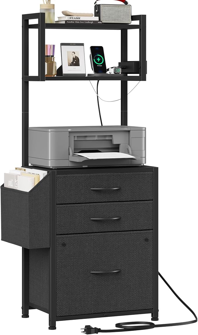 3 Drawer File Cabinet with Charging Station, 3-Tier Tall Filing Cabinet for Home Office, 11''*16'' for Small Printer, Fabric Drawer Fits A4/Letter, Printer Stand 45''H, Black