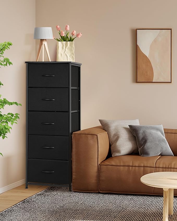 Dresser for Bedroom, Fabric Tall Dresser & Chests of Drawers with 5 Drawers, Vertical Organizer Storage Tower Unit for Bedroom, Hallway, Entryway White