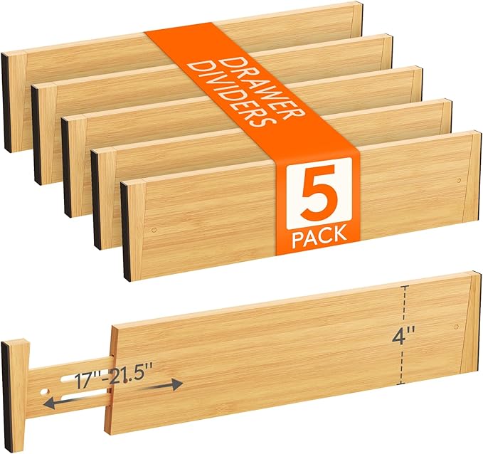 Lifewit 16-22" L x 4" H Drawer Dividers Bamboo 5 Pack, Adjustable Drawer Organizers for Clothes, Expandable Dresser Separators in Bedroom/Bathroom/Kitchen/Fridge/Office Organization and Storage