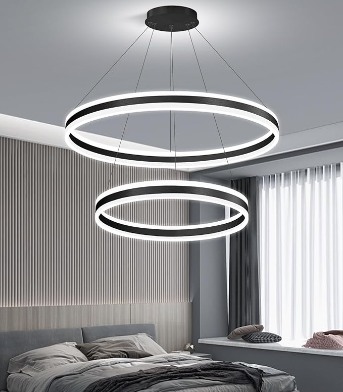 D23.6''+31.5'' Modern Ring Chandelier for Dining Room LED Dimmable Pendant Lighting High Ceiling Chandelier for Living Room Foyer Bedroom Entryway 3000K-6000K Black