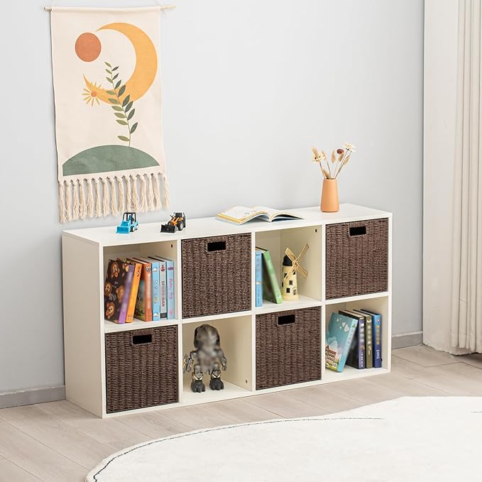 Handwoven Paper Woven Cube Basket Organizer with Handles set of 4 Foldable Storage baskets for Bedroom Living Room Cubby Storage Units for Clothes Books Toys (Brown, 13" L x 13" W x 13" H)