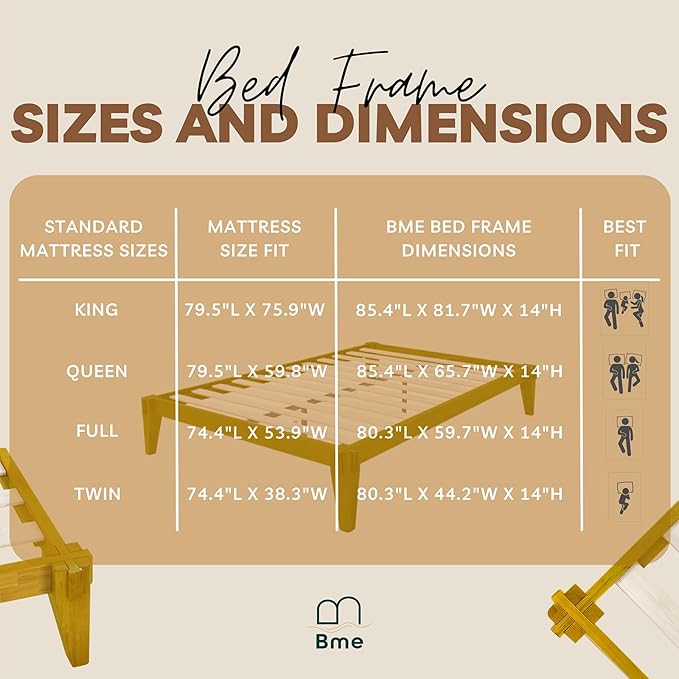 Bme Chalipa 14” Queen Bed Frame - Solid Wood Platform Bed - Japanese Joinery Bed Frame - Wood Slat Support - No Box Spring Needed - Easy Assembly - Minimalist & Modern Style, Golden Natural