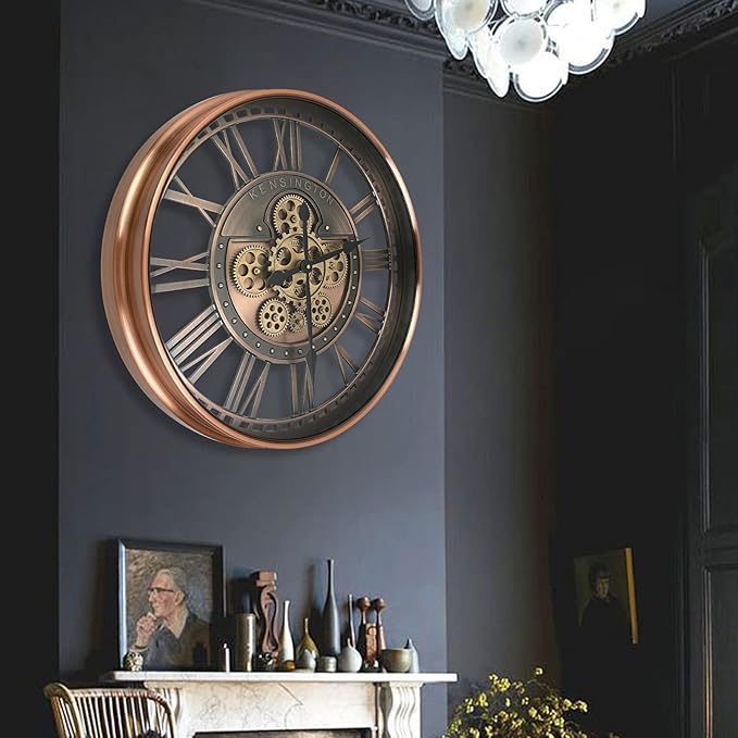 Real Moving Gears Wall Clock Large Modern Metal Clocks for Living Room Decor, Industrial Steampunk Unique Vintage Rustic Decorative Clock for Home Farmhouse Office, 27.6 Inch,Red Copper Roman