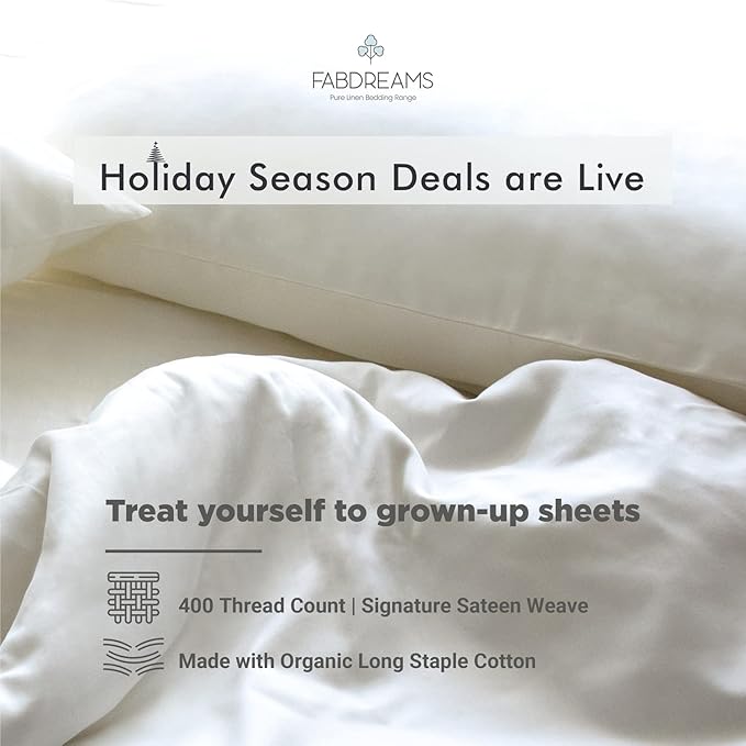 Fabdreams 100% Organic Cotton King Size Sheet Set | 400 Thread Count Sheet Set | GOTS Certified | Long Staple Cotton | Upto 17" Elasticised Deep Pockets | Soft Silky Shiny | Ivory