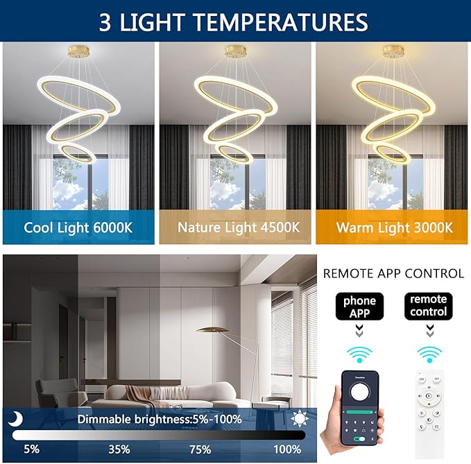 Modern LED Chandelier 3 Ring Chandelier for Dining Room Living Room Pendant Lighting High Ceiling Hanging Light Fixture for Bedroom Foyer Gold