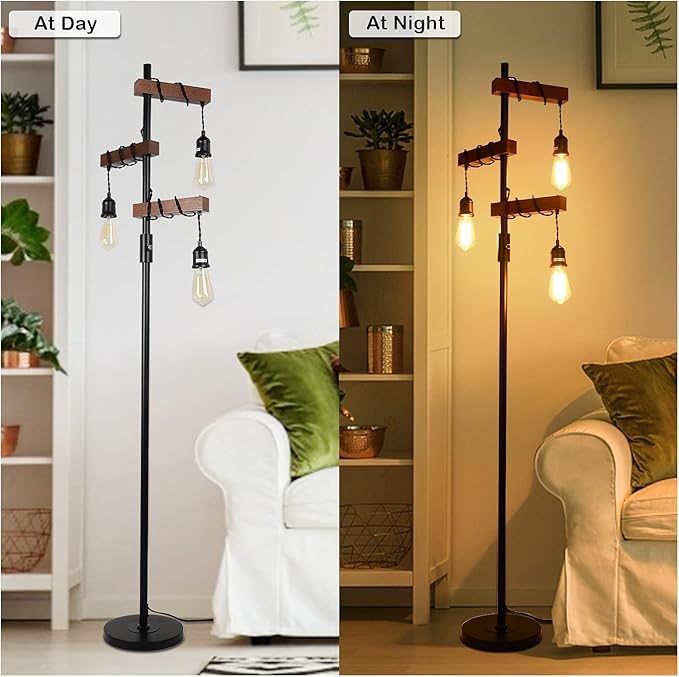 Dimmable Industrial Floor Lamp, Farmhouse Tree Floor Lamp, 68 Inch 3 Lights Wood Standing Lamp, Sturdy Base Tall Vintage Pole Light, Metal Black Floor Lamps for Living Room Bedroom Office Rustic Home