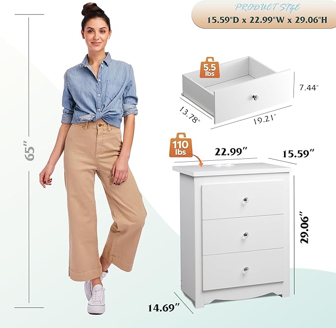 WLIVE Tall Nightstand with Charging Station, Wood Nightstand with 3 Drawers, White Side Tables Bedroom, Dorm, End Table with 2 USB Ports and 2 AC Outlets, Bedside Table