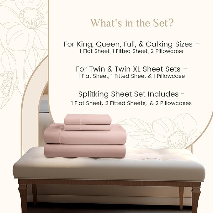 100% Cotton Bed Sheets Queen Size Bed Set, 800 TC 15" Deep Pocket Queen Sheet Set, Soft Breathable Sateen Weave Egyptian Cotton Sheets No Pill & Shrink, Machine Washable Pink Sheet- Sepia Rose
