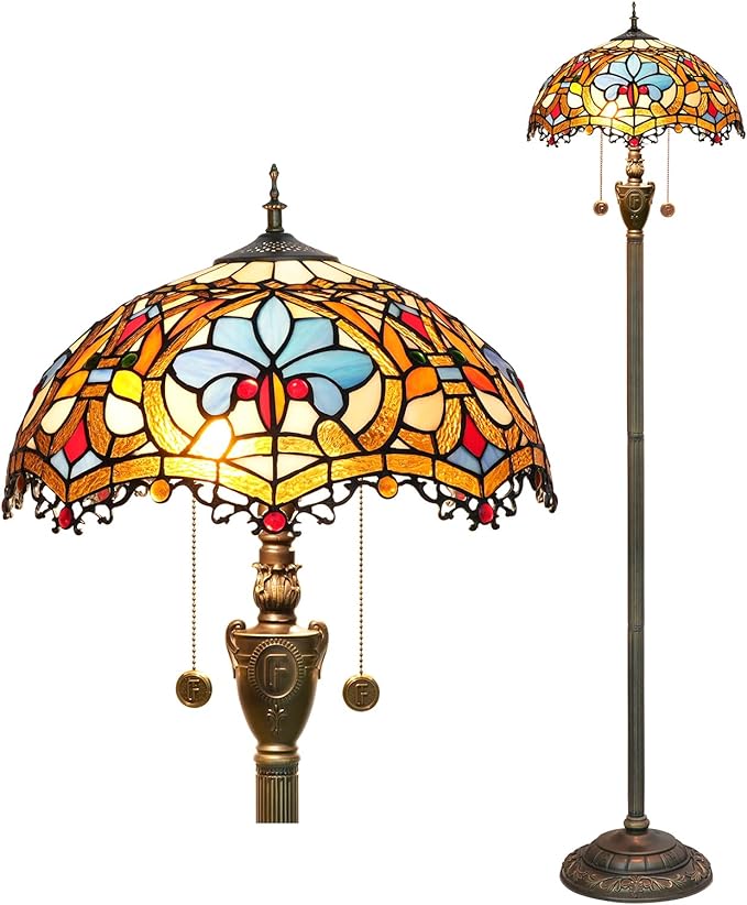 Tiffany Floor Lamp Stained Glass Floor Light Bright Lighting Rustic Standing Lamp Vintage Unique Bronze Reading Corner Lamp for Home Decor Living Room Bedroom 16X16X64 Inches