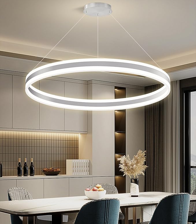 D31.5'' Modern Ring Chandelier for Dining Room LED Dimmable Pendant Lighting High Ceiling Chandelier for Living Room Foyer Bedroom Entryway 3000K-6000K Silver