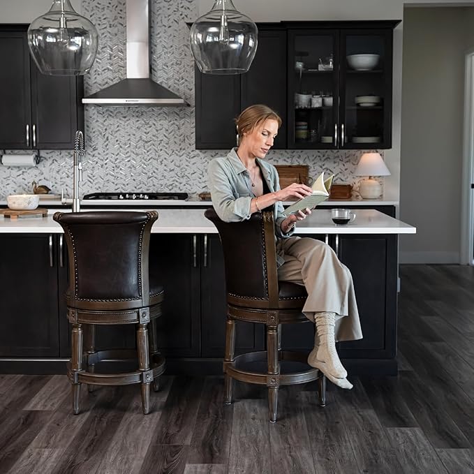 Maven Lane Pullman Counter Stool 26 Inches – Set of 4 – Swivel Stools with Footrest – Brown Solid Wood Frame & Brown Faux Leather Upholstery – Perfect for Kitchen Islands & Counters