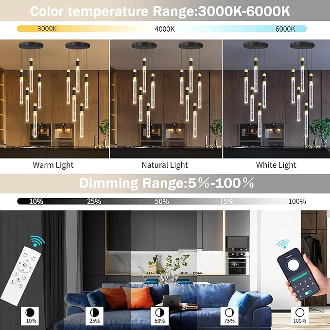 5-Lights Chandelier Kitchen Island LED Pendant Lights Dimming Lighting Modern Crystal Adjustable Hanging Light