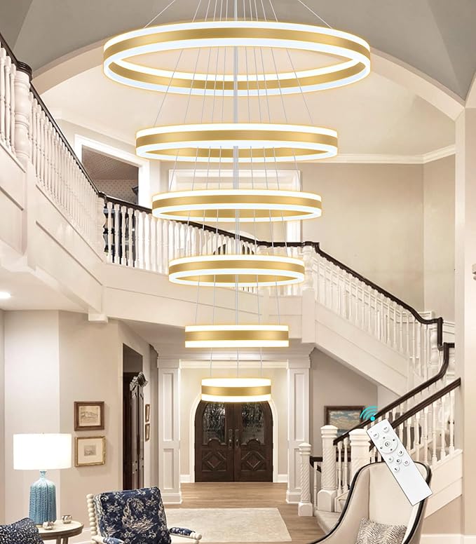 31.4'' Modern LED Chandelier Large Contemporary Chandeliers for Foyer 6-Rings Dimmable High Ceiling Chandeliers for Living Room Entrance Staircase 3000K-6000K
