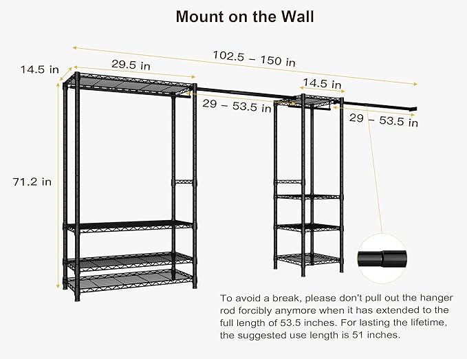Ulif E11 Heavy-Duty Garment Rack, Metal Freestanding Clothes Rack and Closet Storage Organizer System with 8 Shelves and 4 Hanger Rods, (73.2 - 97.6)"W x 14.5"D x 71.2"H, Load 1034 LBS, Black