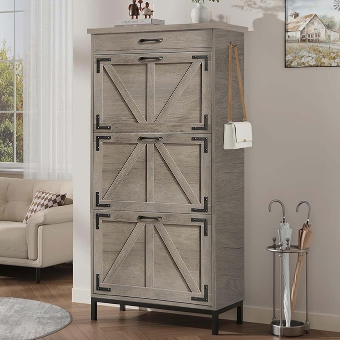 Shoe Cabinet Storage for Entryway with 3 Flip Drawers and 1 Top Drawer, Freestanding Hidden Narrow Shoe Cabinet with Metal Legs for Foyer, Hallway (Grey)