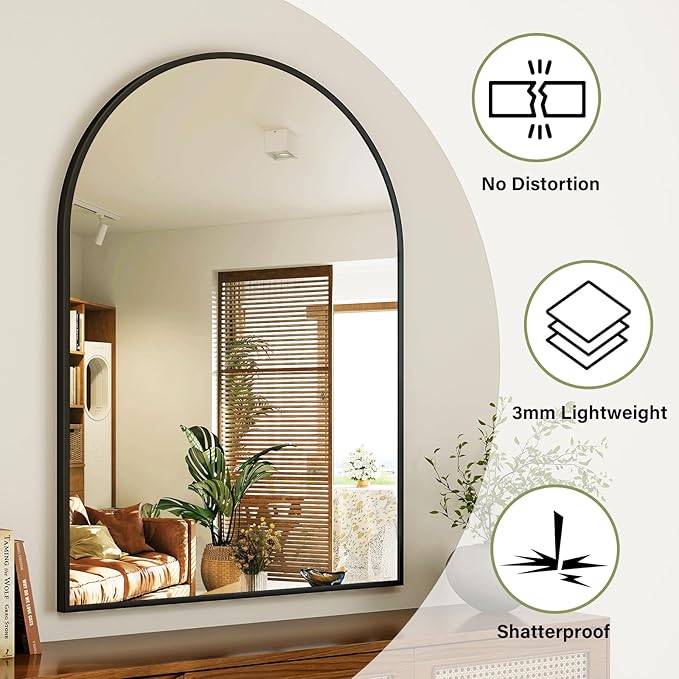 Arch Bathroom Mirror, 24x36 inch Arched Bathroom Mirror/Wall Mounted Vanity Mirror - Arch Metal Frame Wall Mirror for Bathroom Bedroom Living Room, Black
