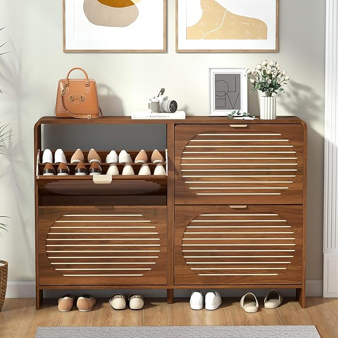 Curved Shoe Storage Cabinet for Entryway with 4 Flip Drawers, Wood Narrow Shoe Cabinet with Arched Panel, Freestanding Shoe Organizer Closed Shoe Rack for Hallway, Foyer, Walnut