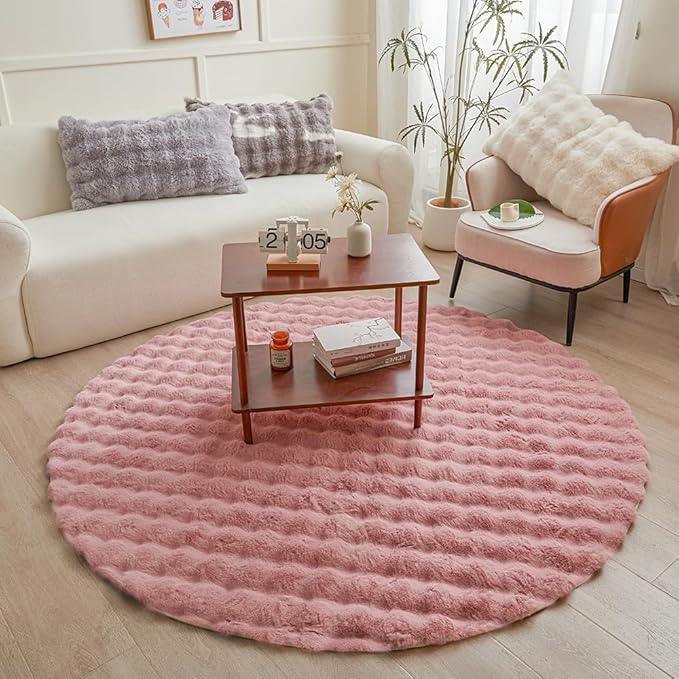 Pink Round Rabbit Plush Rug for Bedroom Living Room Sofa,5'X5' Faux Fur Fluffy Shaggy Circle for Kids Teen Girls,Furry Carpet Circular for Nursery Baby