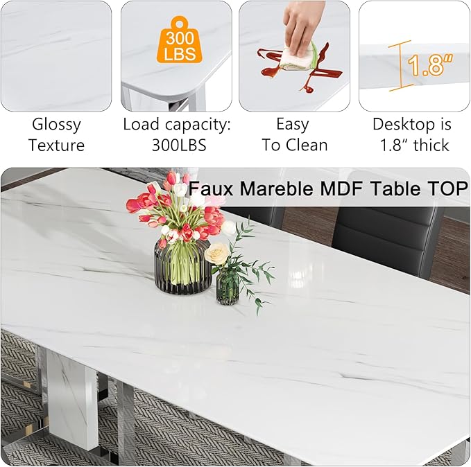 79 Inch Modern Dining Table Set for 8, White Luxury Kitchen Set with 1.8-inch Faux Marble Table Top & 8 PU Leather Upholstered Chairs for Dining and Living Room