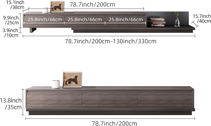 Mid-Century Modern Expandable TV Stand with 3 Drawers – Adjustable Entertainment Center for Living Room & Bedroom (79" to 130"), Stylish Black Walnut Media Console