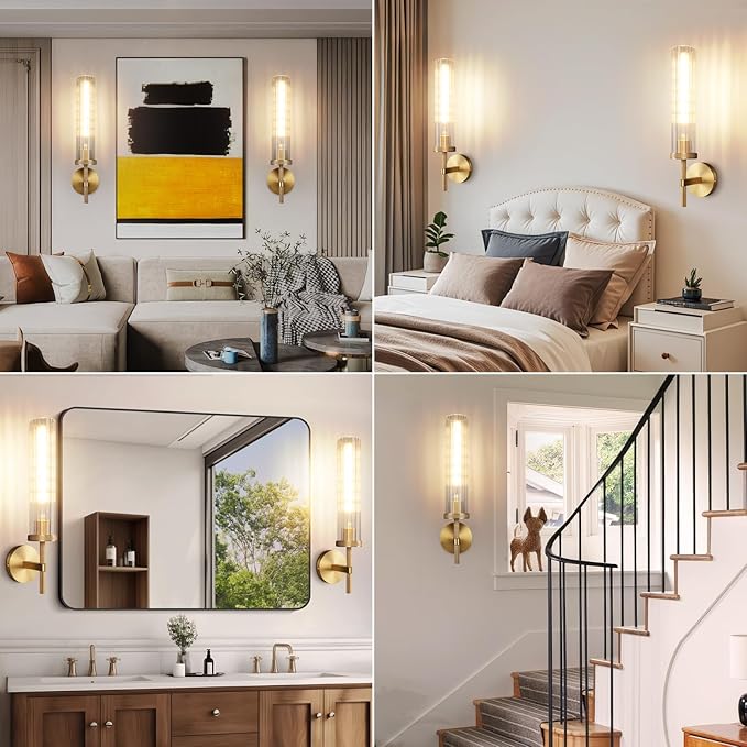 19.5" Knurled Brass Wall Sconce with Vertical Striped Glass Tube, Gold Bathroom Vanity Light Fixtures, Modern Lamp Lighting for Bedroom, Living Room, Hallway, Staircase, Mirror, Kitchen