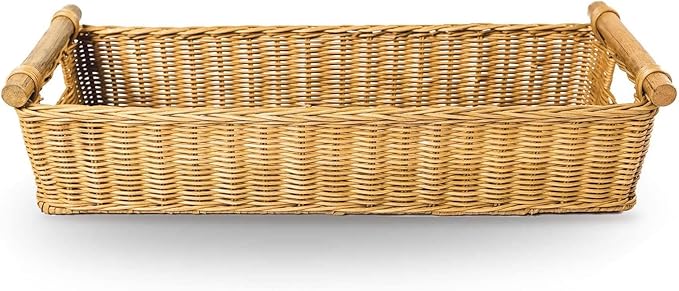 The Basket Lady Long Narrow Pole Handle Wicker Basket, Large, 21 in L x 8 in W x 6 in H, Sandstone