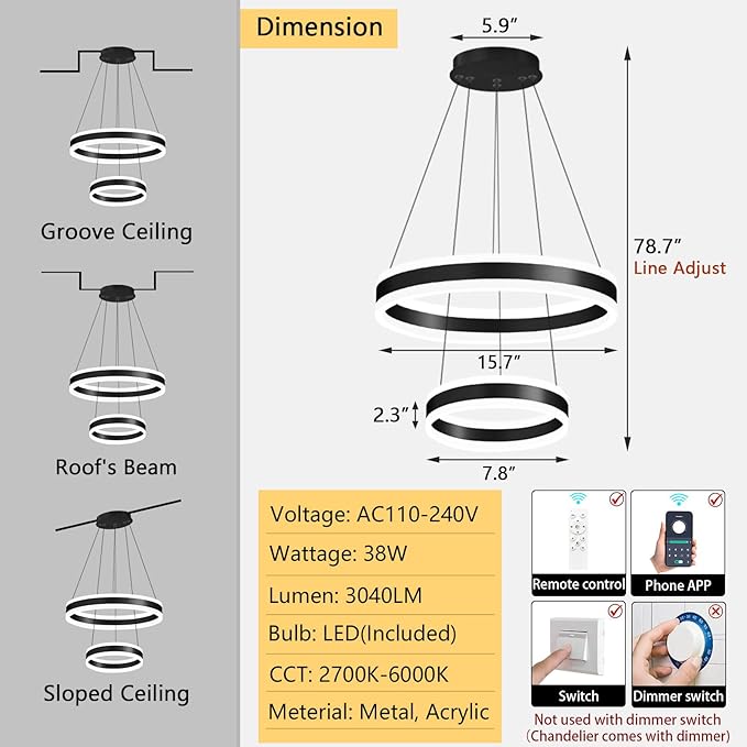 D7.8''+15.7'' Modern Ring Chandelier for Dining Room LED Dimmable Pendant Lighting for Living Room Foyer Bedroom Entryway 3000K-6000K Black