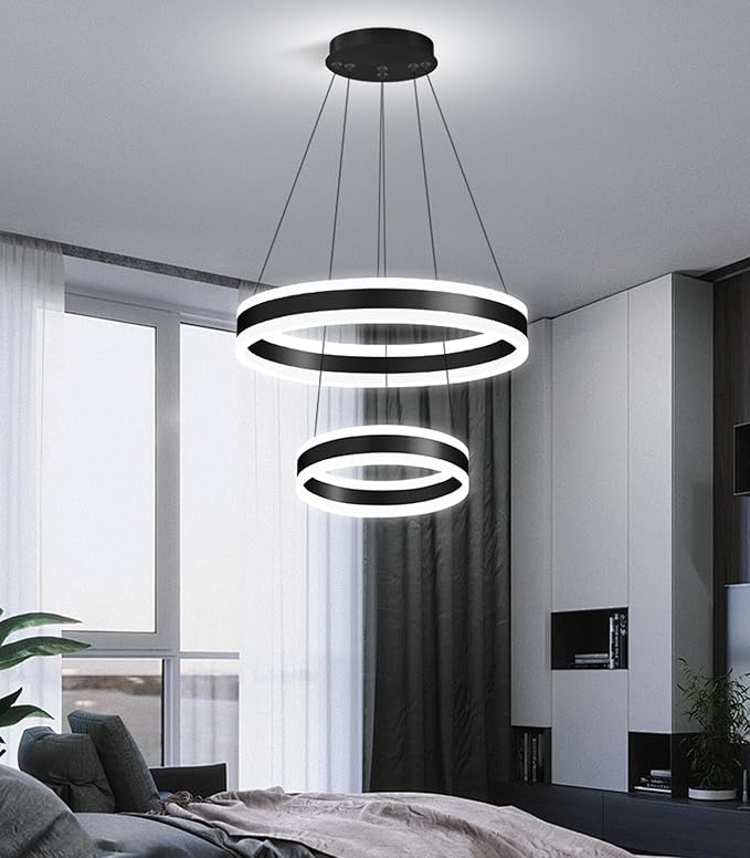 D7.8''+15.7'' Modern Ring Chandelier for Dining Room LED Dimmable Pendant Lighting for Living Room Foyer Bedroom Entryway 3000K-6000K Black