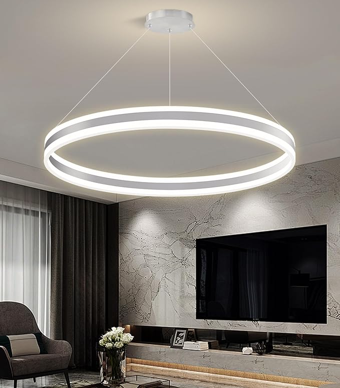 D31.5'' Modern Ring Chandelier for Dining Room LED Dimmable Pendant Lighting High Ceiling Chandelier for Living Room Foyer Bedroom Entryway 3000K-6000K Silver