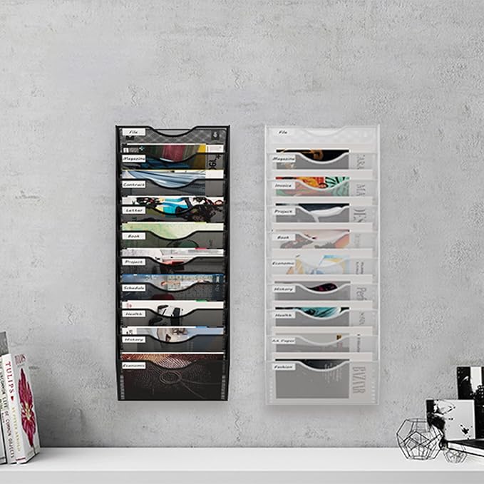 10 Tier Hanging Wall File Holder, Metal A4 Wall Mounted Document Holder, Vertical Hanging Mail Organiser, Magazine Storage Rack with Tray for Office Home Classroom, Black