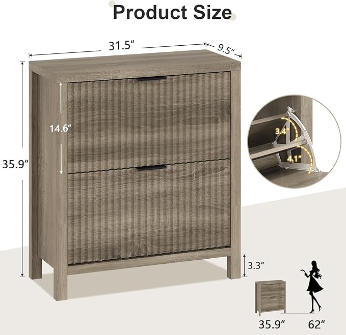 Shoe Cabinet Storage for Entryway, Fluted Shoe Cabinet with 2 Flip Drawers, Hidden Shoe Rack Tall Freestanding Shoe Organizer with Legs for Hallway, Gray