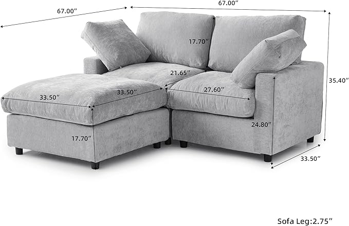 JACH 67" Love Seat Sectional Couches with Chaise Ottoman, Modern Convertible Modular Sofa, Cloud Sectional Couch, Sofa Covers Washable, Minimalist Couch for Living Room, Bedroom, Apartment, Light Grey
