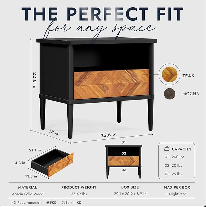 Lenia Queen Bed Frame with 2 Matching Nightstands – Modern Wood Platform Bed Set, Chevron Diamond Design, No Box Spring Needed, Slatted Support (Teak Brown, Queen)
