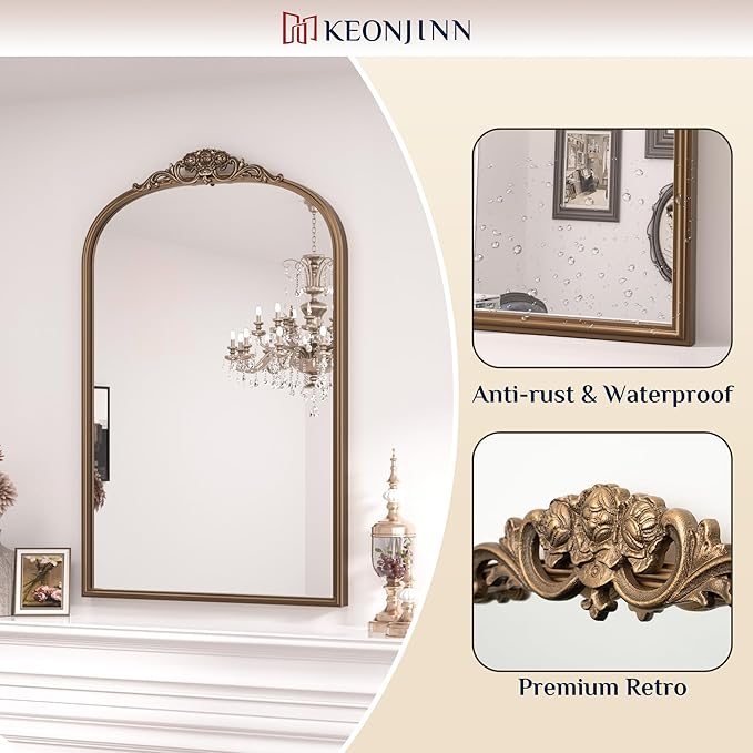 Keonjinn Vintage Gold Mirror 20" x 30", Arched Decorative Mirrors for Wall Decor, Antique Mirror Bathroom, Ornate Baroque Brass Mirror for Mantle, Entryway, Living Room, French Cleat Mounting