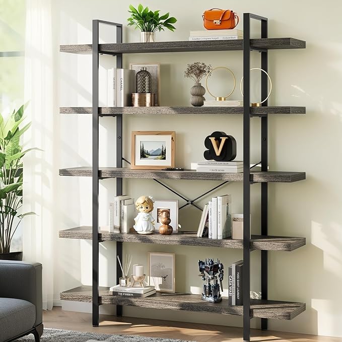 5-Tier Industrial Bookcase, 47 Inch Wide Wood Bookshelf, 120lbs Shelf Capacity, Rustic Open Shelving Heavy Duty Display with Reinforced Horizontal Grey Shelves for Living Room Bedroom Office