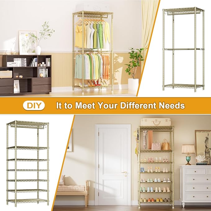 Ulif E13 Heavy Duty Clothes Rack（With 4 Hanger Rods & 8 Shelves） Freestanding Clothing Racks for Hanging Clothes，Adjustable Closet Organizer，Metal Garment Rack 63" W x16 D x77 H，Max Load 900LBS，Gold