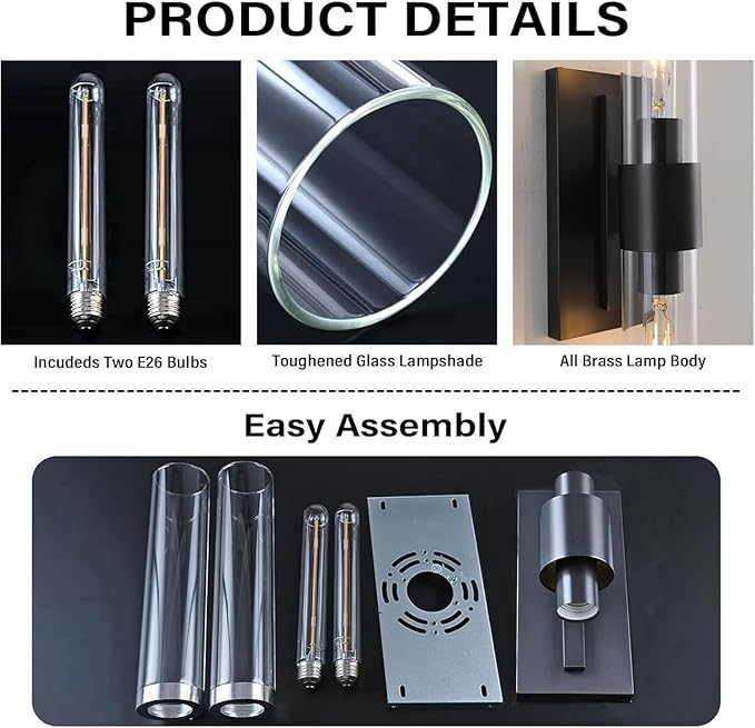 Black Wall Sconce for Bathroom Vanity, Copper Wall Light Fixtures, 22.8" Modern Two Glass Tube Wall Sconce, Indoor Wall Mounted Sconce for Bathroom Mirror, Bedroom, Living Room