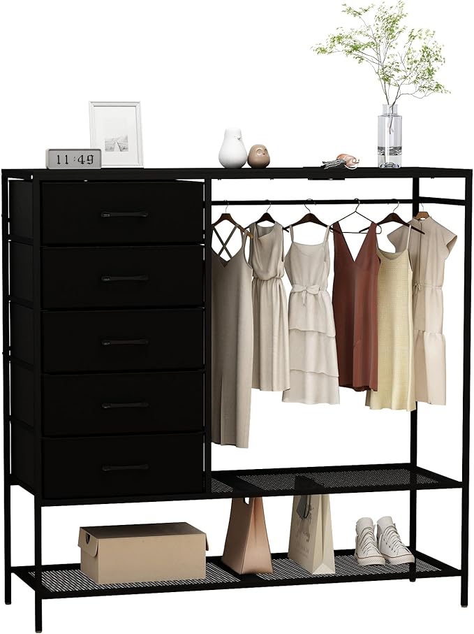 Dresser with Hanging Rack, Black Dresser for Bedroom, Chests of Drawers for Closet, 5 Fabric Drawers Clothes Rack, with Sturdy Metal Frame, LED Lights, Charging Station