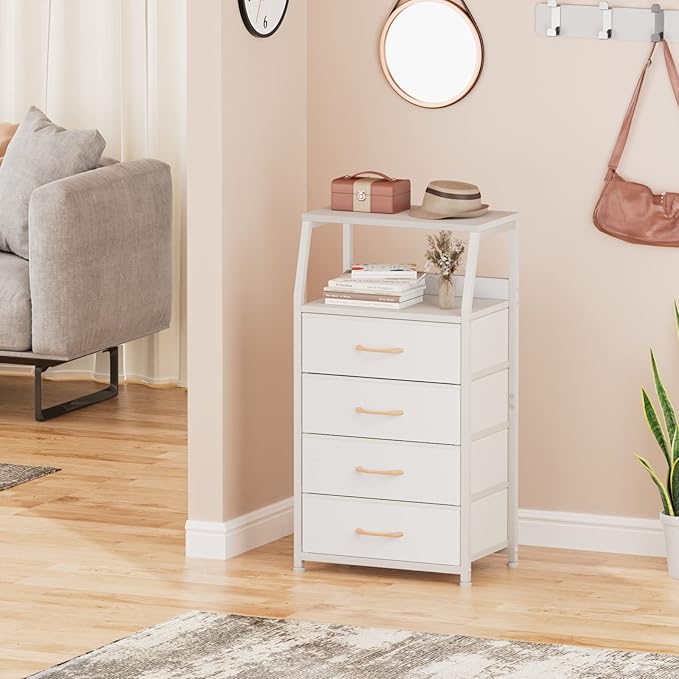 Furnulem Tall 4 Drawers Dresser, Vertical Storage Tower for Bedroom, Hallway, Entryway, Nursery, Closet Organizer, Nightstand Bedside Table Furniture, Sturdy Steel Frame, Wood Top, White