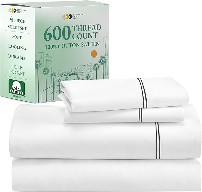 California Design Den Luxury Queen Size Sheet Set - 100% Cotton, 600 Thread Count Deep Pocket Queen Sheets, Hotel-Quality Bedding with Sateen Weave - White Embroidered Gray